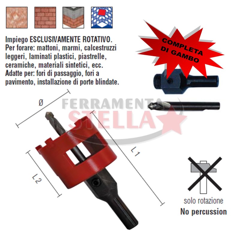 FRESE A TAZZA PER EDILIZIA CON DENTI IN METALLO DURO COMPLETE DI GAMBI E PUNTE PILOTA