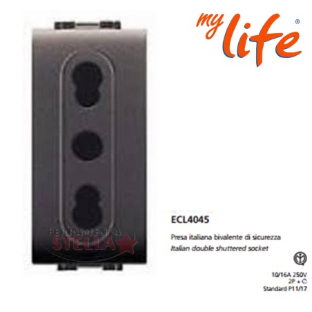 PRESA LIFE BIPASSO BIVALENTE 10/16 A FRUTTO X BTICINO LIVING 4045 GRIGIO SCURO