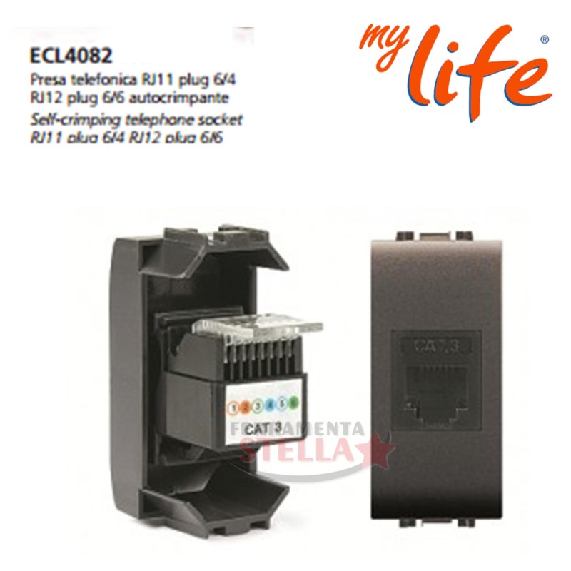 PRESA LIFE TELEFONICA PLUG AUTOCRIMPANTE A FRUTTO X BTICINO LIVING 4082 GRIGIO SCURO