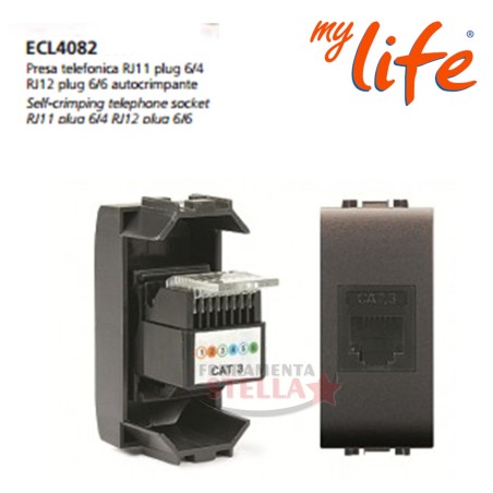 PRESA LIFE TELEFONICA PLUG AUTOCRIMPANTE A FRUTTO X BTICINO LIVING 4082 GRIGIO SCURO