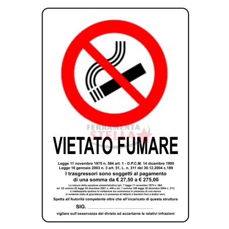 CARTELLO ETICHETTA PLASTICA 30 X 20CM VIETATO FUMARE DIVIETO DI FUMO CON LEGGE