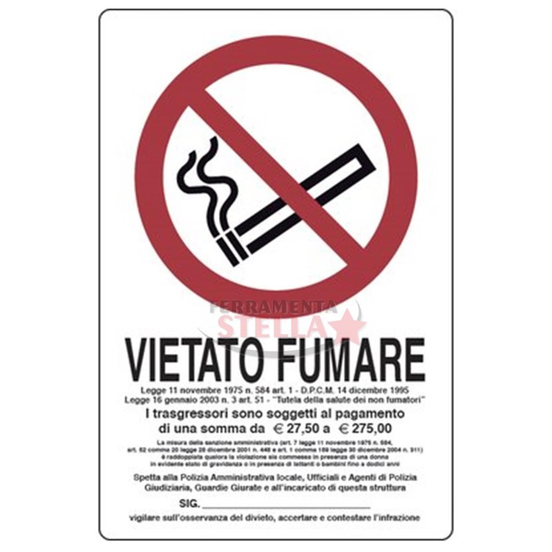 CARTELLO ETICHETTA PLASTICA 30 X 20CM VIETATO FUMARE DIVIETO DI FUMO CON LEGGE