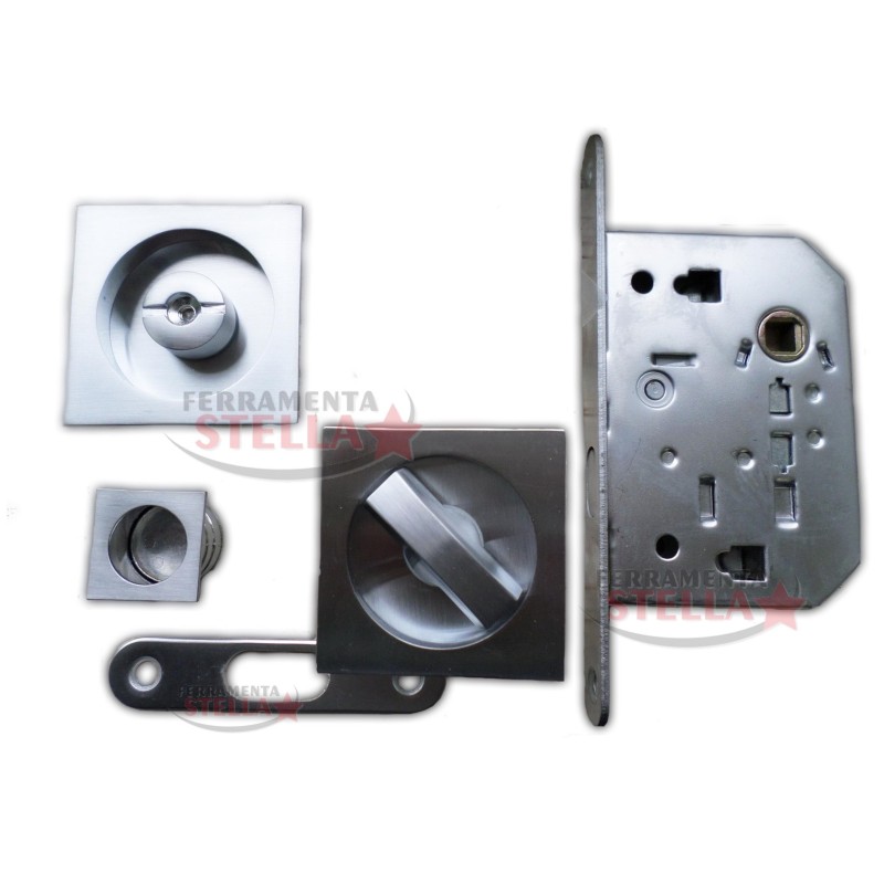 KIT MANIGLIA PORTE SCORREVOLI PORTA SCRIGNO CON SERRATURA CROMO SATINATO QUADRO QUADRATO