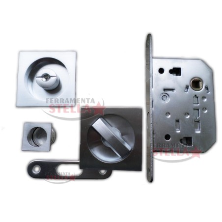 KIT MANIGLIA PORTE SCORREVOLI PORTA SCRIGNO CON SERRATURA CROMO SATINATO QUADRO QUADRATO