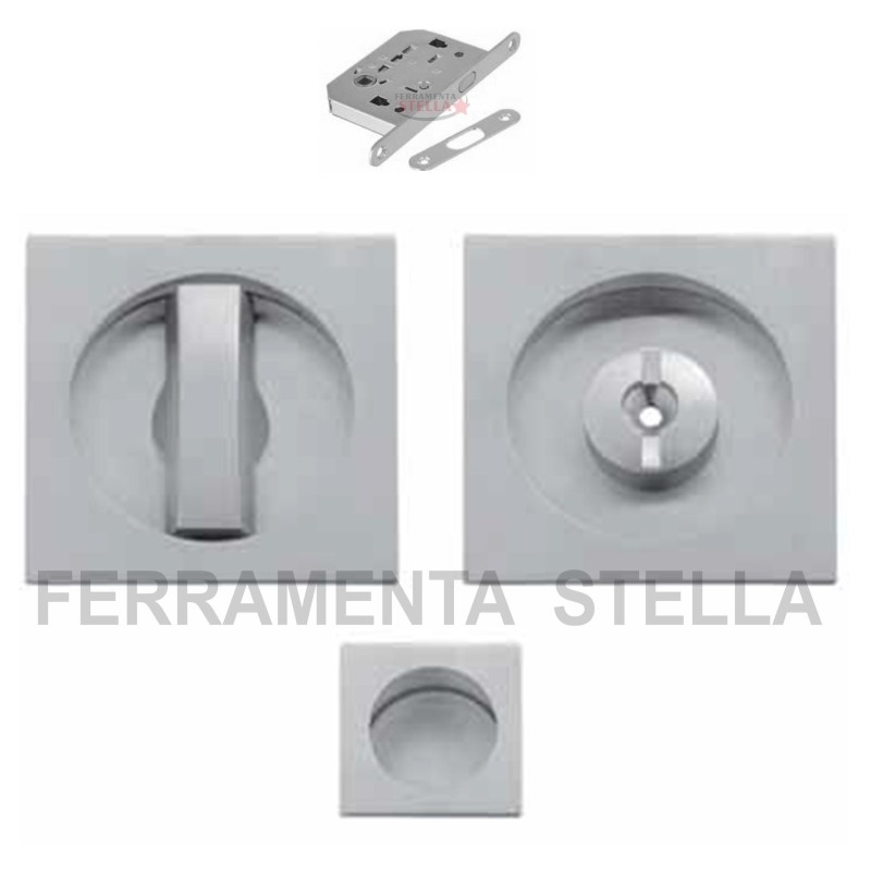 KIT MANIGLIA PORTE SCORREVOLI PORTA SCRIGNO CON SERRATURA CROMO SATINATO QUADRO QUADRATO